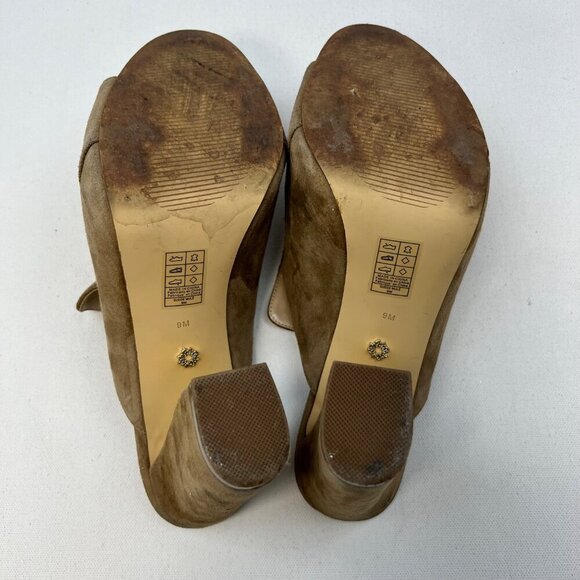 WHBM Suede Heeled Mule with Chain Open Toe Tan Size 9M - Picture 8 of 10